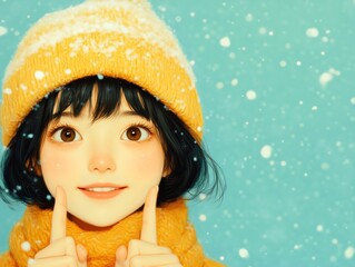 Wallpaper for advertising, digital art A beautiful young woman with rosy cheeks is wearing a yellow wool hat and scarf, smiling under falling snow. Poster with copy space