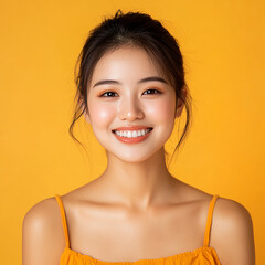 Positive female smiling on solid background