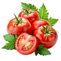 A group of four red tomatoes, two whole and two halved, surrounded by green leaves, are isolated on a white background