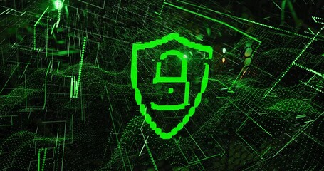 Poster - Lock and shield symbolizing cybersecurity over green digital network animation