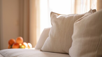 Aufkleber - Cozy Abstract Home Interior with Soft Beige Pillows on Sofa, Symmetrical Blurred Fruits, High Definition Long Exposure