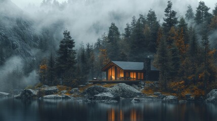 Poster - A cabin in the woods with a lake in the background