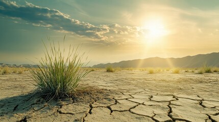drought-stricken desert with cracked earth resilient plant life under a scorching sun illustrating s