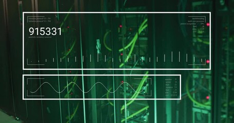 Poster - Data processing animation over server racks with cables and blinking lights