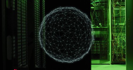 Poster - Geometric network sphere animation over server room with green lighting