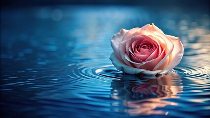 Wall Mural - lonely light pink rose floating in a dark blue pool or water macro shot, petal, moody, peaceful, flo