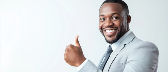 happy black man in a business setting, giving a thumbs up and smiling, isolated on a bright white ba