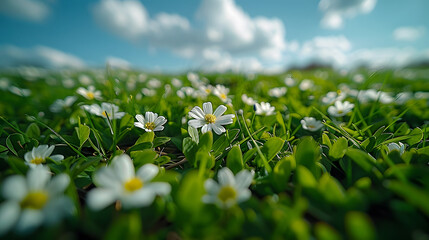 Fresh grass and beautiful meadow in nature against cloudy blue sky with clouds