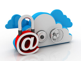 Poster - 3d rendering E-mail symbol protection lock with cloud. Internet security concept