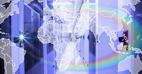 Poster - World map animation over data center servers with light flare and rainbow effect