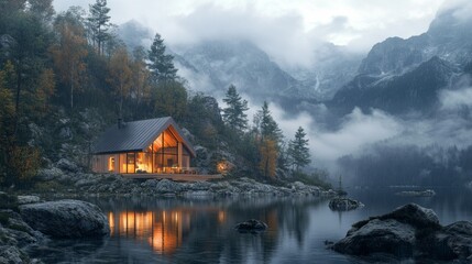 Poster - A cabin is on a lake with mountains in the background