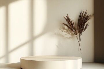 Aufkleber - Modern Minimalist Mockup Featuring Warm Beige Circular Podium with Soft Natural Daylight Shadows on Light Brown Background