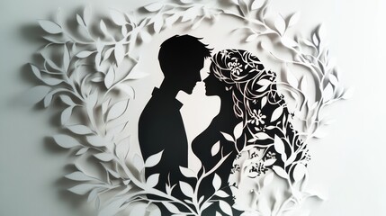 Two paper cut figures stand close together, surrounded by hearts. scene symbolize the universality of love