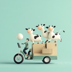 Poster - A playful scene with a cyclist transporting boxes and cows on a small vehicle.