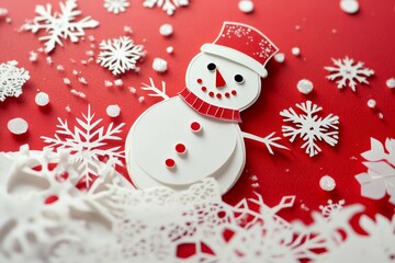 Poster - A paper cut snowman in red and white, surrounded by snowflakes. How does this image blend simplicity with the magic of a winter wonderland