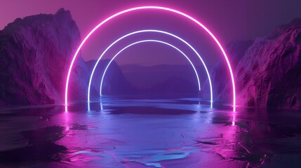 Neon circle shape near the red mountain against the background of the starry sky. 3d render.