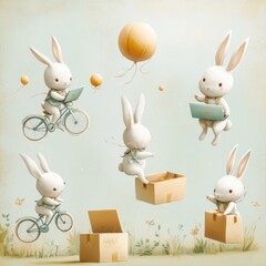 Poster - Cute rabbits engaging in playful activities with balloons and boxes.