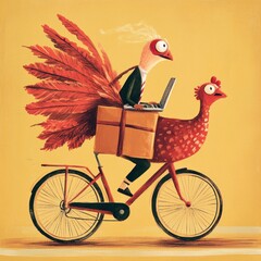 Poster - A whimsical illustration of a person riding a bicycle with a large bird.