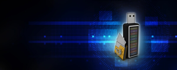 Poster - 3d rendering office document Binder with pen drive near folder lock

