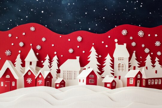 A red and white paper cut Christmas village under a starry sky. scene capture the nostalgia and serenity of the holiday season