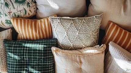 Poster - Symmetrical Pastel Geometric Green Pillows Arrangement with Intricate Patterns and Textures – Aerial View, Bright Diffused Lighting