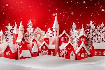 Poster - A red and white paper cut Christmas village under a starry sky. scene capture the nostalgia and serenity of the holiday season