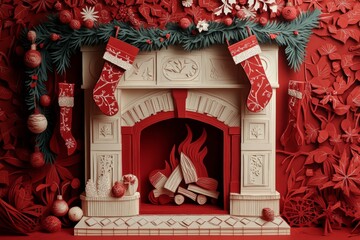 Poster - A red and white paper cut Christmas village under a starry sky. scene capture the nostalgia and serenity of the holiday season