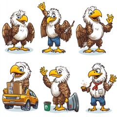 Sticker - A cartoon eagle character in various poses showcasing different activities and expressions.