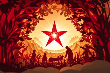 Poster - A red and white paper cut Christmas village under a starry sky. scene capture the nostalgia and serenity of the holiday season