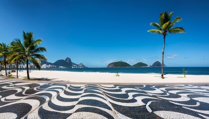 Wall Mural - Beautiful palm trees on the beach in Rio de Janeiro, black and white mosaic floor with patterns of Brazilian tropical flowers, clear blue sky, beautiful sand