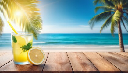 Wall Mural - Beautiful summer background with glass of lemonade on wooden table and palm tree, blurred sea beach and blue sky in the morning light