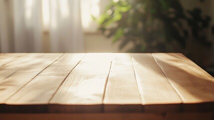 Aufkleber - Warm Morning Light on Beige Wooden Table in Cozy Indoor Bedroom Setting - Minimalistic and Inviting Product Display