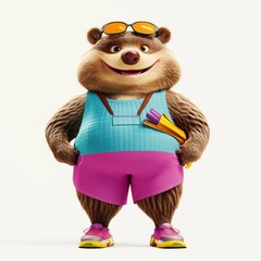 Poster - A cartoon bear character wearing sunglasses and casual attire, holding colorful items.