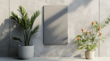 Aufkleber - Elegant Floral Mockup of Orange Tulip and Lisianthus with Central Gray Sign on Light Gray Concrete Surface - Indoor Serene Setting for Branding or Promotional Content