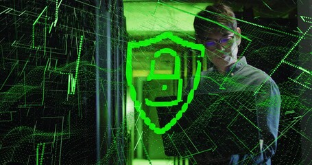 Poster - Working with server equipment, person with cybersecurity shield animation overlaid