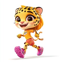 Poster - A cheerful cartoon leopard character running energetically.