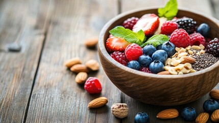 Poster - Healthy breakfast bowl with fresh berries, nuts, and seeds, arranged beautifully on a wooden surface