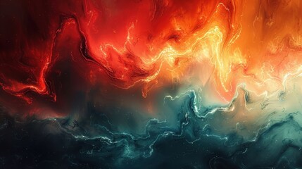 Poster - Abstract swirling patterns featuring vibrant reds, oranges, and blues resembling a cosmic landscape