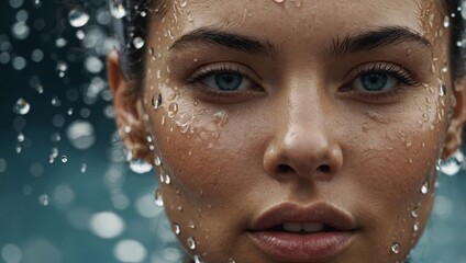 Sticker - Close-up of woman’s face surrounded by water droplets