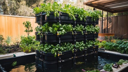 Wall Mural - Hydraulic vegetable garden system, showing healthy vegetable growth in a technologically advanced