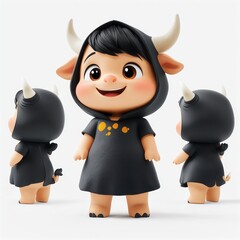 Wall Mural - A cute cartoon character resembling a cow, dressed in a black hoodie with horns.