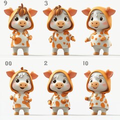 Poster - A collection of cute cartoon cow characters in orange and white outfits.