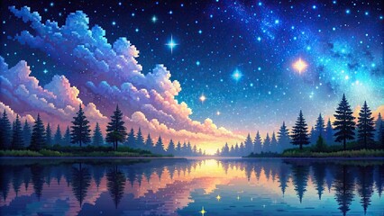Wall Mural - starry sky pixel art landscape with a serene and dreamy feel, digital art, pixels, milky way, fantas