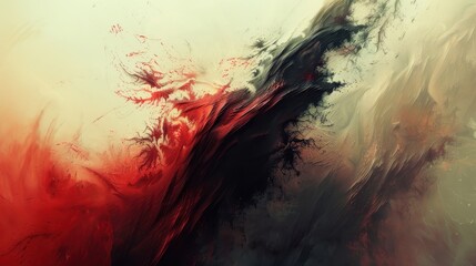 Poster - Dynamic abstract composition in red and black showcasing fluid shapes and textures