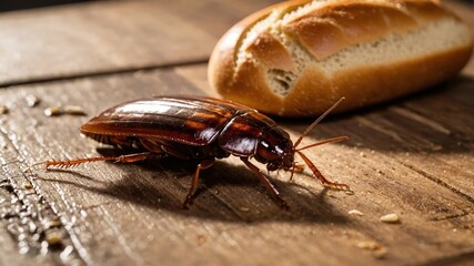 A cockroach explores a loaf of bread resting on a rustic wooden countertop