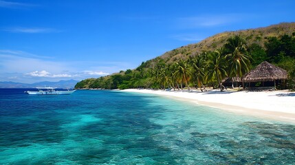 Wall Mural - A lush tropical island with white sandy beaches, turquoise waters, and vibrant green palm trees