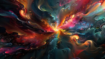 Poster - A vibrant burst of colors and swirling patterns in an abstract cosmic landscape