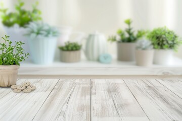 Poster - Soft Beige Wooden Table for Product Display Against Cozy Indoor Backdrop with Nature-Themed Decor, Pastel Colors, and Vibrant Green Plants - Serene and Inviting Atmosphere with Bright Diffused Lightin