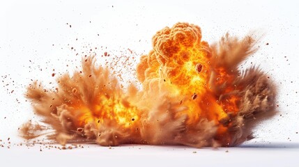 Poster - Vivid explosive fireball eruption on a white background showcases intense energy and motion dynamics