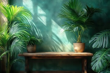 Sticker - abstract green wall with palm leaf shadows creating a tropical ambiance empty wooden table for product display bathed in soft natural lighting